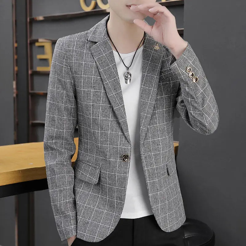 Men's slim fit plaid blazer with striped casual Korean style design, featuring a tailored blazer from SHOWLU FASHION STORE.