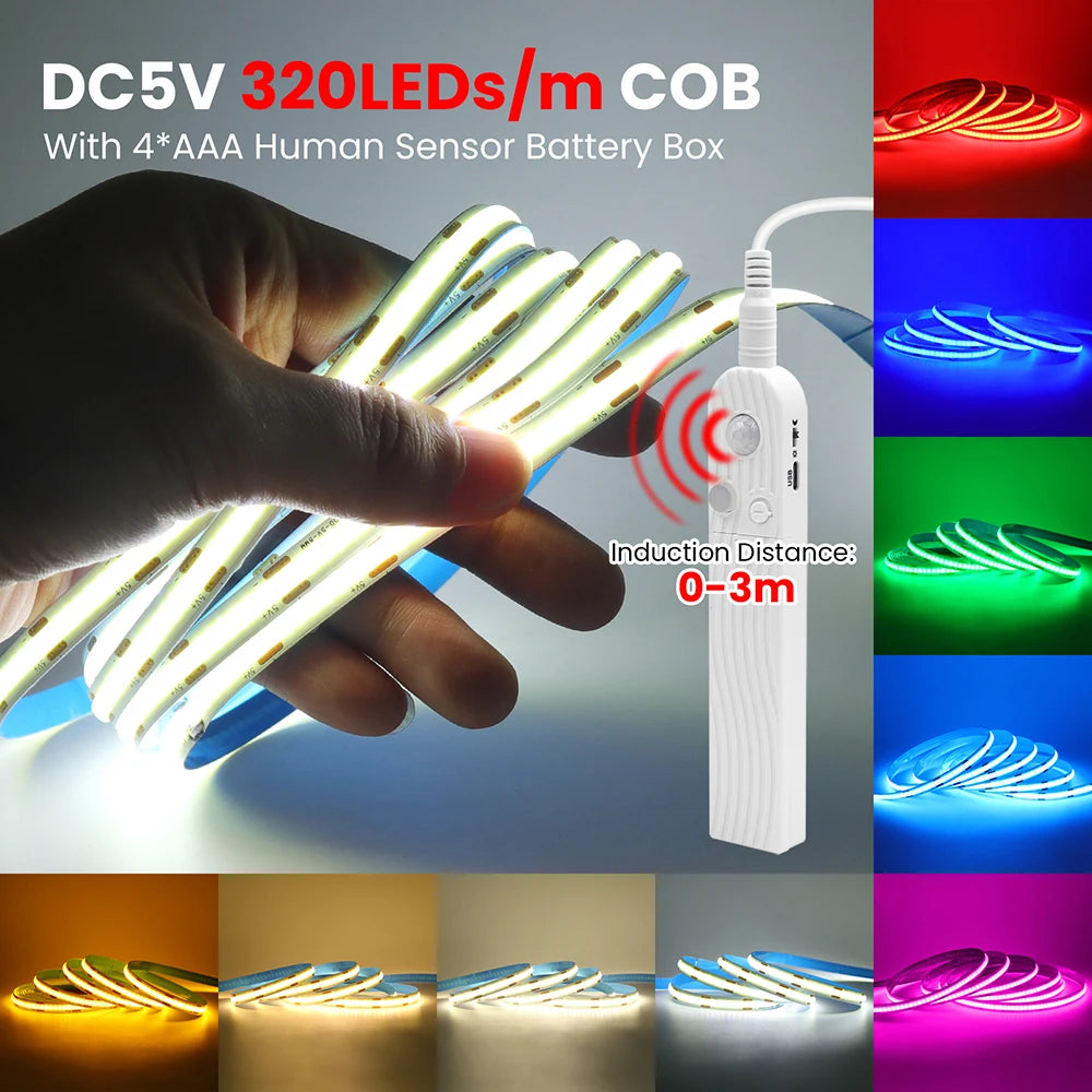Showlu Smart General motion sensor LED strip light with 5V USB connection, showcasing the flexible LED strip with sensor and USB plug.