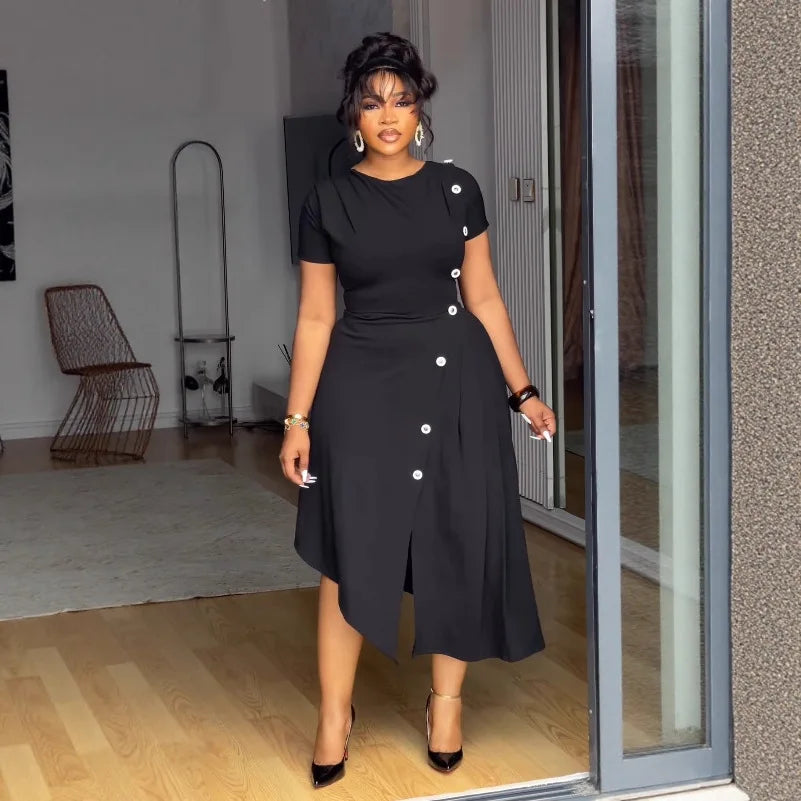 Elegant women's round-neck pleated dress with button details, irregular slit hem, perfect for commuting and stylish occasions.