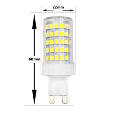 A G9 LED corn bulb measuring 60mm in height and 22mm in width with 86 small yellow LED chips.