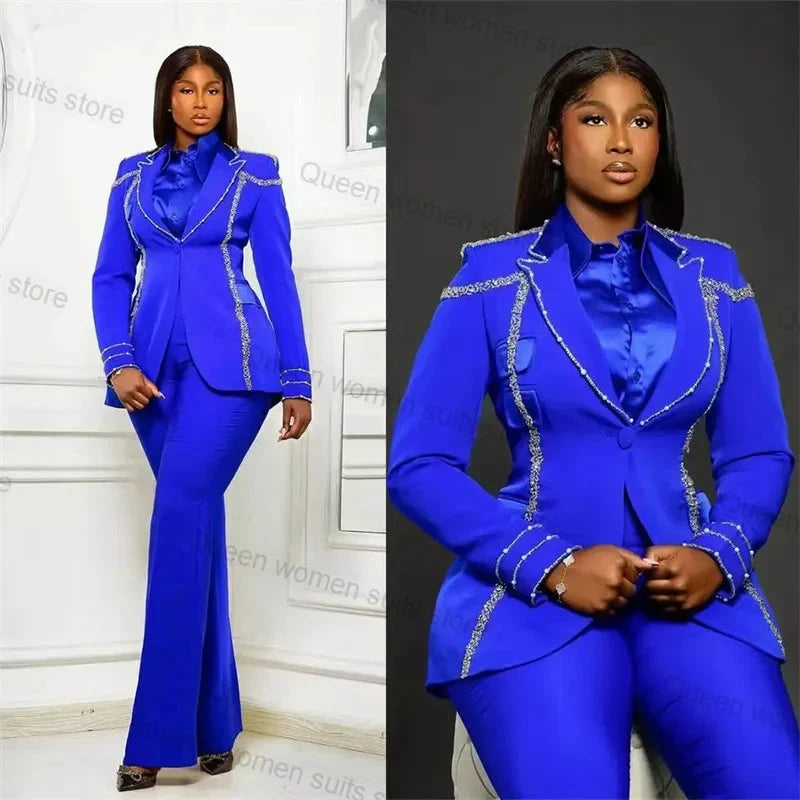 Royal blue women's 2-piece suit with crystal blazer and matching trousers, stylish formal outfit by SHOWLU FASHION STORE