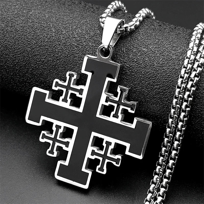 Stainless steel AFAWA Jerusalem Cross necklace with Bible verse pendant, featuring detailed Christian cross design.