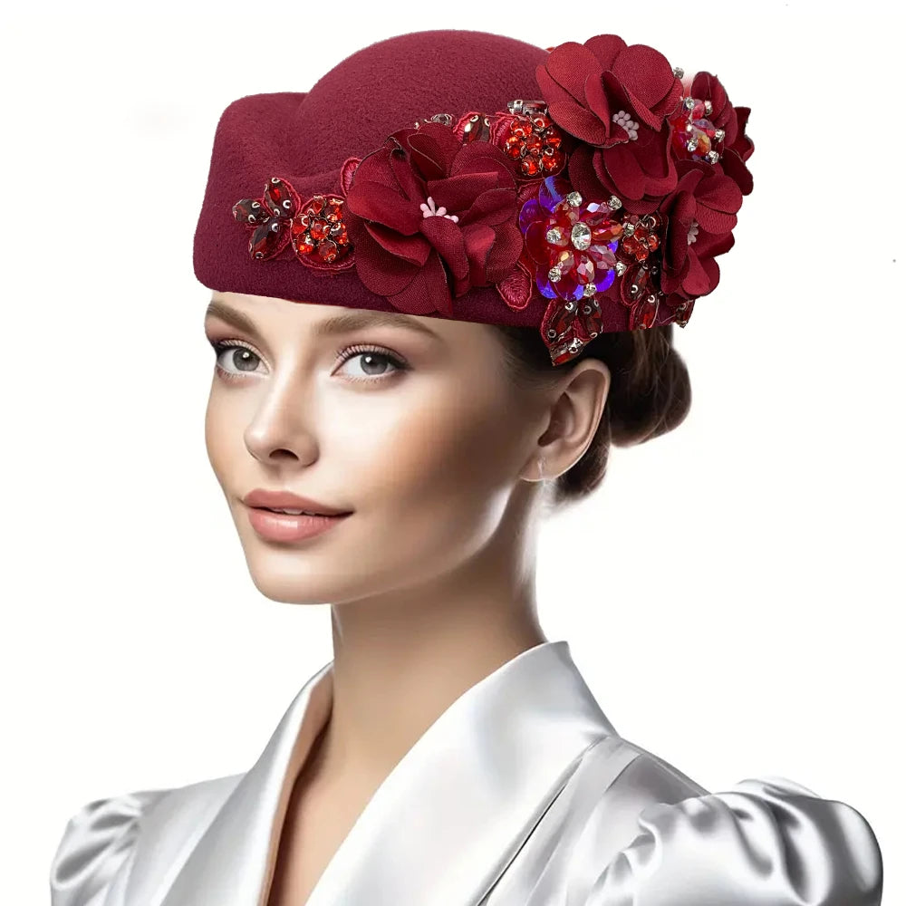 Women Air Stewardess Hat Rhinestone Flower Church Derby Beret Hats for Party Wool Felt Pillbox Costume Cosplay Caps Accessores