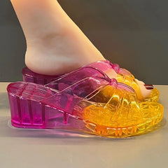 Women's Sandals High Heel Sandals Summer  Jelly Shoes Flat Slippers Home Flip-Flops Outdoor Retro Sandals Transparent Slippers