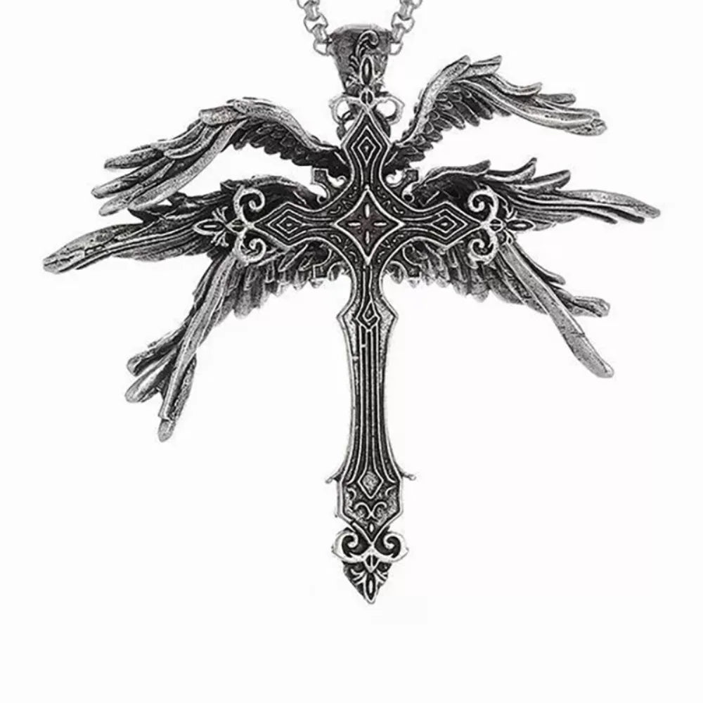 Retro gothic Jesus wings cross pendant necklace made of zinc alloy, featuring detailed design and religious symbolism.