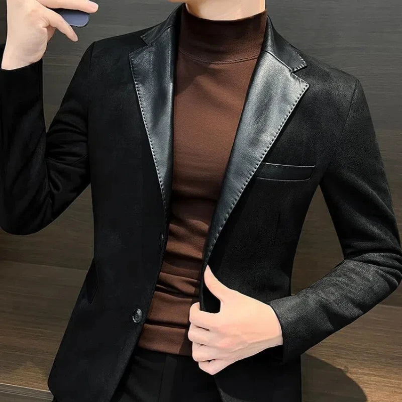 Men's long sleeve blazer by Showlu Fashion with turn-down collar, patchwork design, deer skin fabric, Korean pockets, button detail