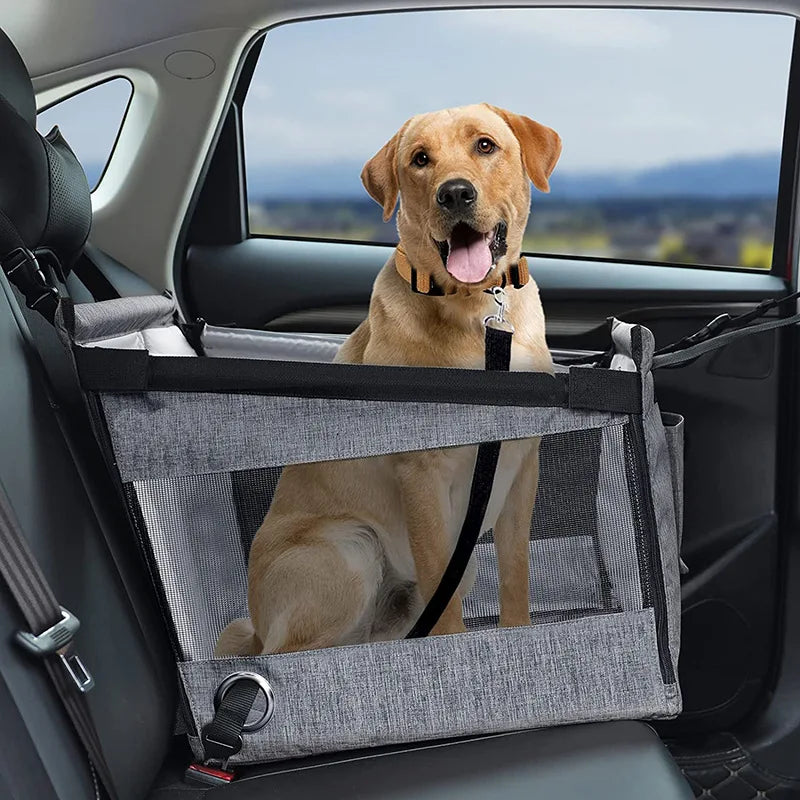 Waterproof nylon Dutrieux portable dog car seat with mesh sides, designed for pet safety and comfort during car travel