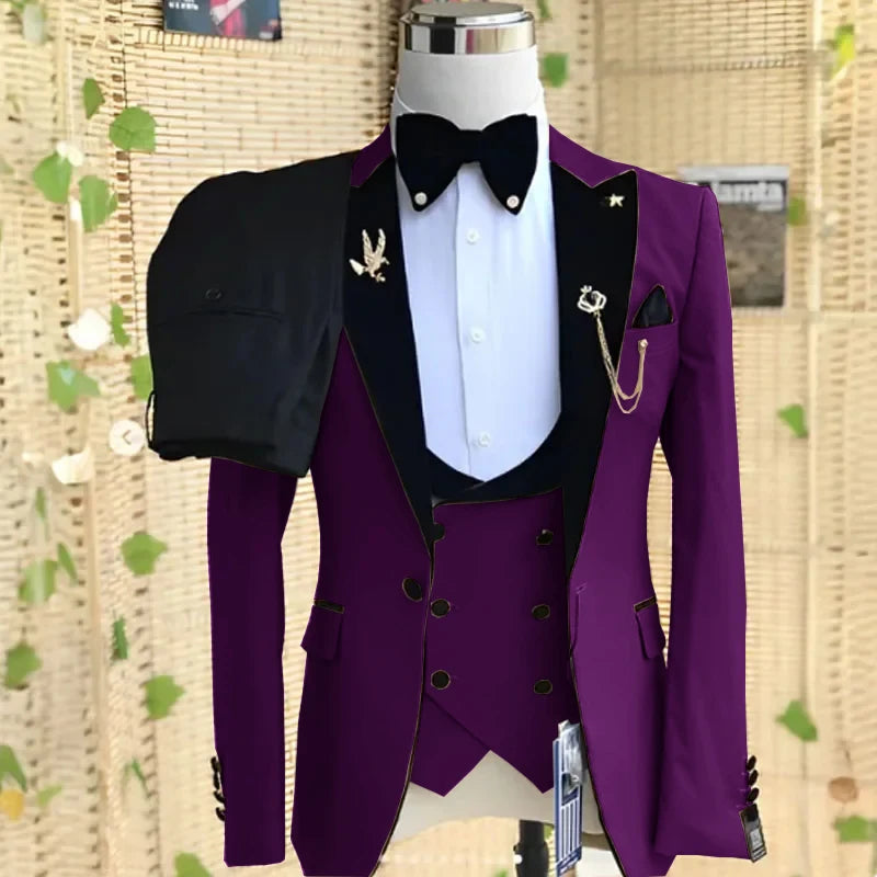 Beige men's formal suit set including blazer, vest, and pants with peaked lapel, perfect for weddings, business, or parties.