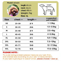 A size chart for a pet raincoat showing measurements for sizes XS through 4XL.