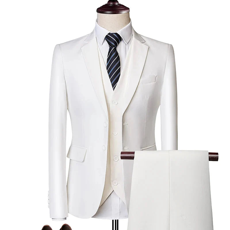 Men's pink three-piece wedding suit by SHOWLU FASHION STORE, slim fit business casual, featuring jacket, vest, and trousers.