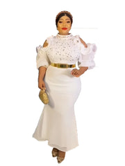 Stylish Sparkly Diamond Women Evening Party Dress High Collar Ruffles Cold Shoulder Short Sleeve With Belt Wedding Occasion Gown