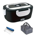 Black stainless steel 2-in-1 electric lunch box with heating and warming functions for car, truck, or office use.