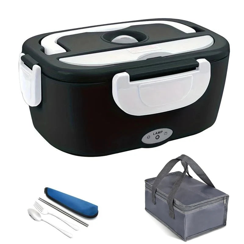 Black stainless steel 2-in-1 electric lunch box with heating and warming functions for car, truck, or office use.