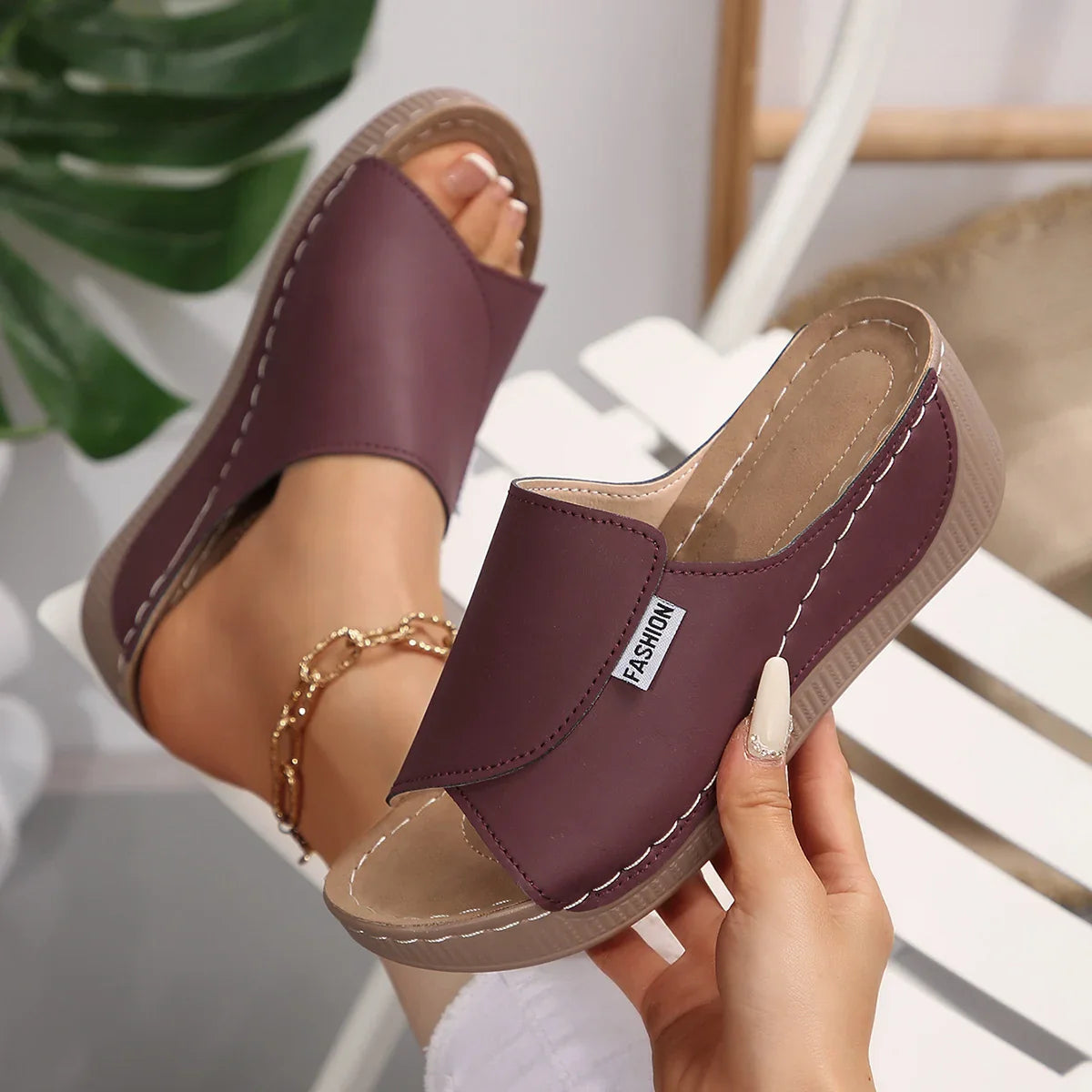 JakobFors women's open toe wedge slippers with buckle, summer sandals in neutral tones, stylish and comfortable footwear.