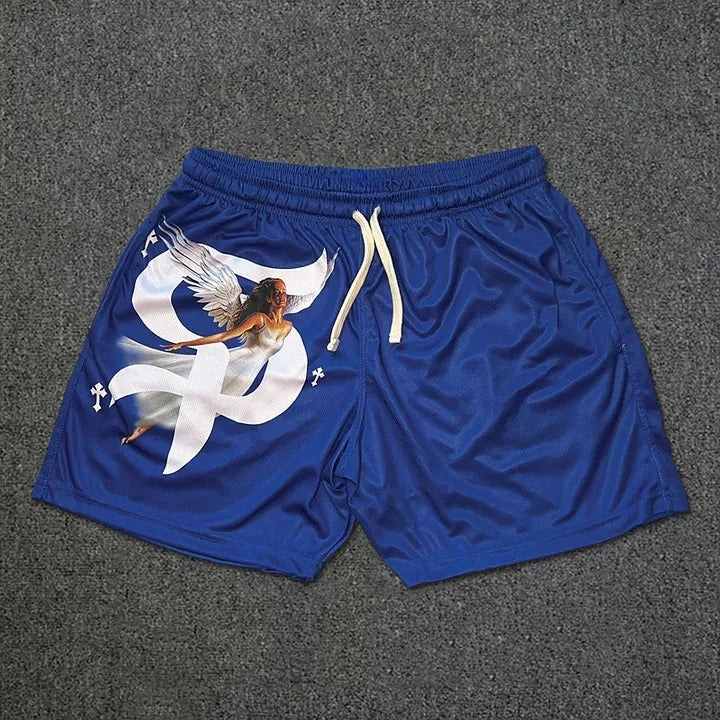 Showlu Faith Goddess Cross print basketball shorts made of quick-dry polyester, featuring a bold cross graphic and comfortable fit.