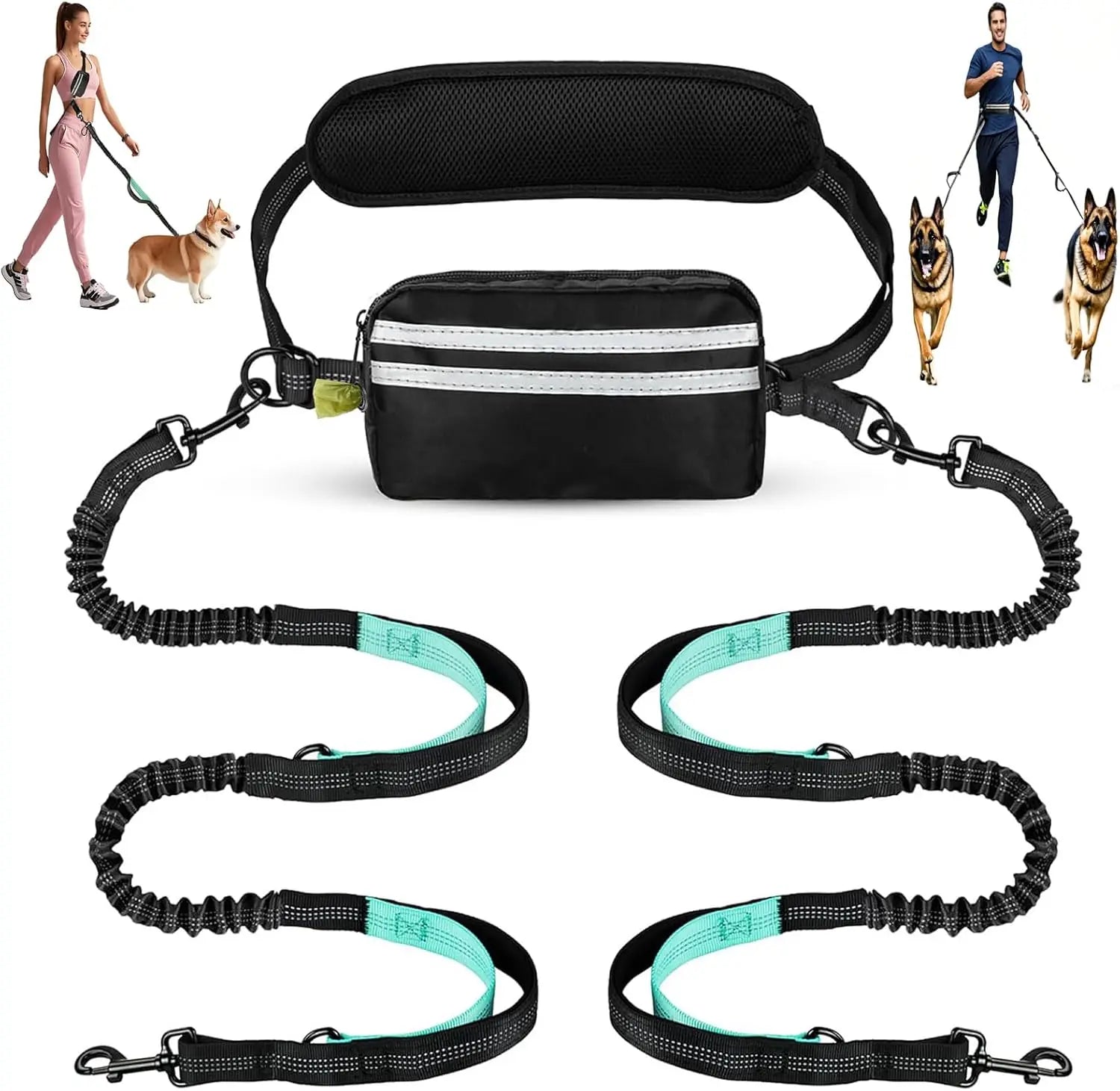 DCLOUD hands-free dual dog leash with pouch for medium and large dogs, shown with adjustable straps and built-in storage pouch