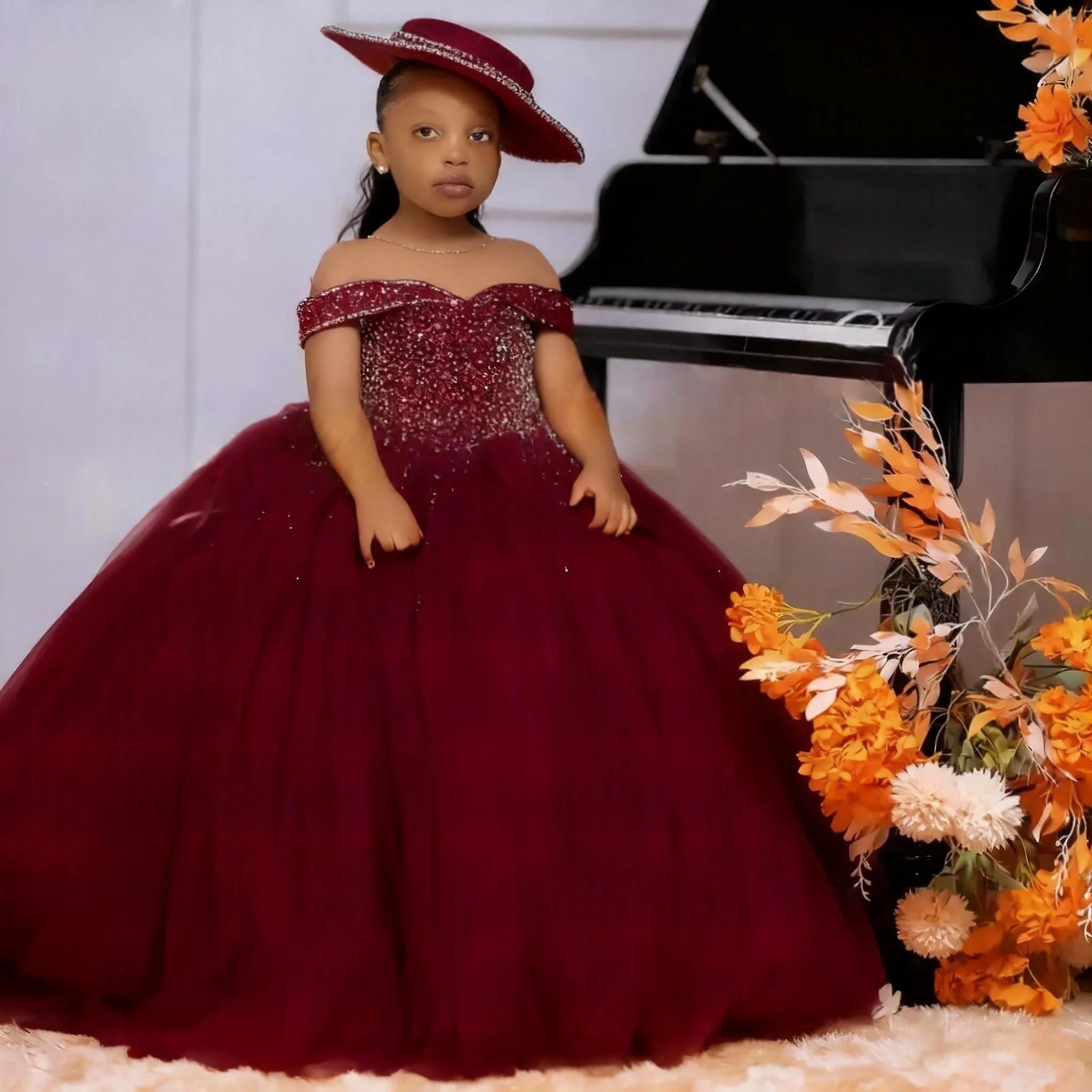 Custom Orange Off Shoulder Beaded Tulle Flower Girl Dress First Christmas Wedding Party Princess Gown فساتين اطفال س