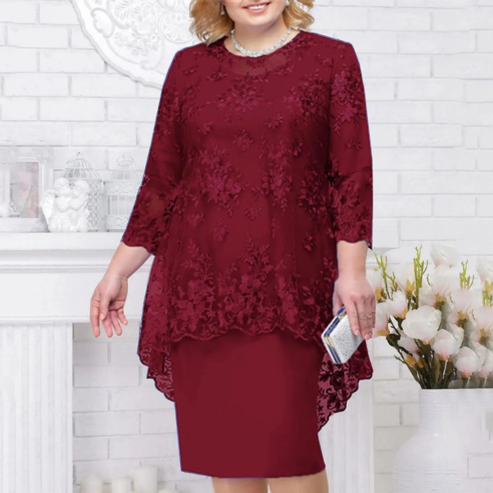 Elegant knee-length women's lace embroidery evening dress by SHOWLU FASHION STORE, featuring an A-line silhouette and intricate lace details.