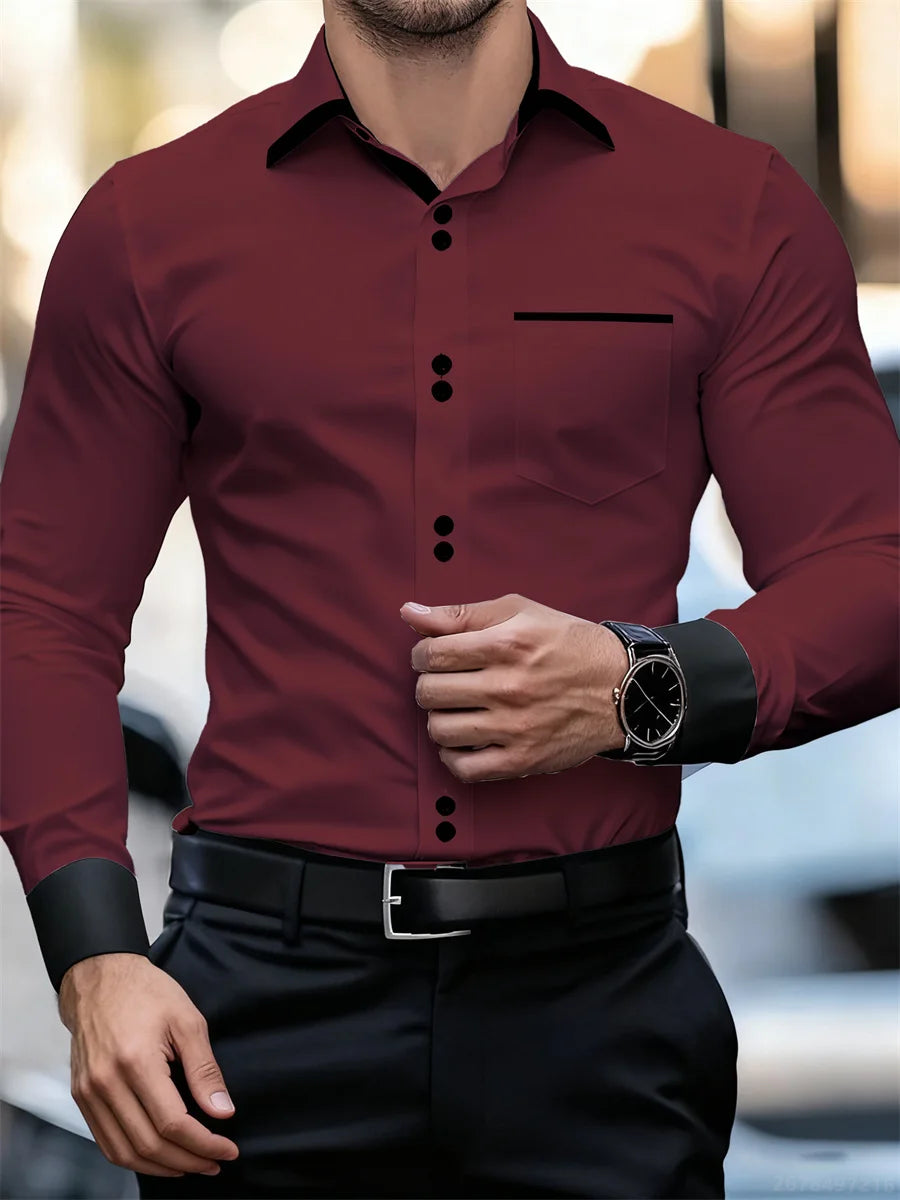 Men's black and white color block collar long sleeve shirt with slim fit, wrinkle-free patchwork design, from Showlu Fashion.