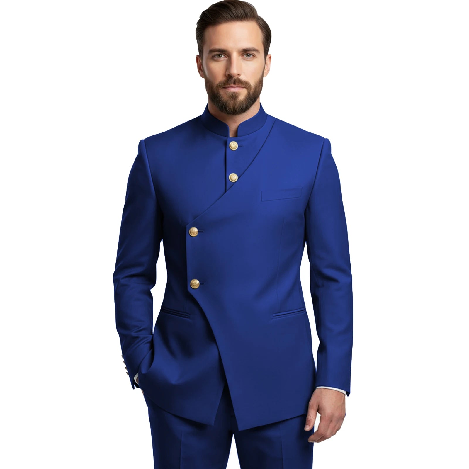 Chinese Suit Men 2 Piece Tunic Suits Slim Fit Safari Suits for Men Mandarin Collar Suit Blazer Pants Set