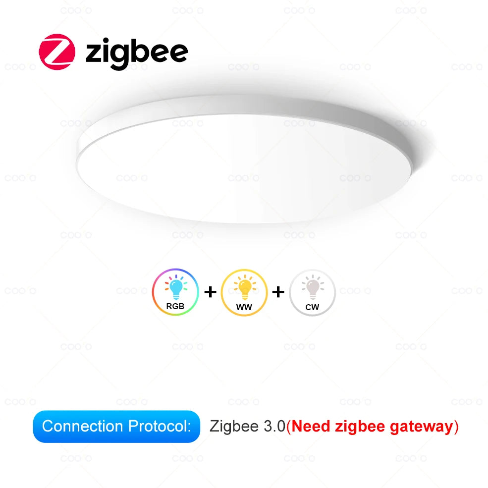 Showlu Smart RGB LED ceiling light with WiFi and Zigbee connectivity, featuring color-changing LED illumination on a modern ceiling fixture.