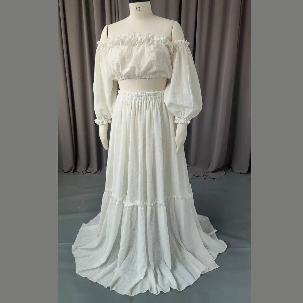 Showlu Bohemian 2-piece maternity photography gown set in linen cotton, featuring flowing fabric and relaxed fit for maternity photoshoots.