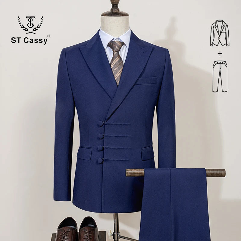 Black men's double-breasted slim fit suit by Showlu Fashion, featuring a two-piece design perfect for weddings and formal events.