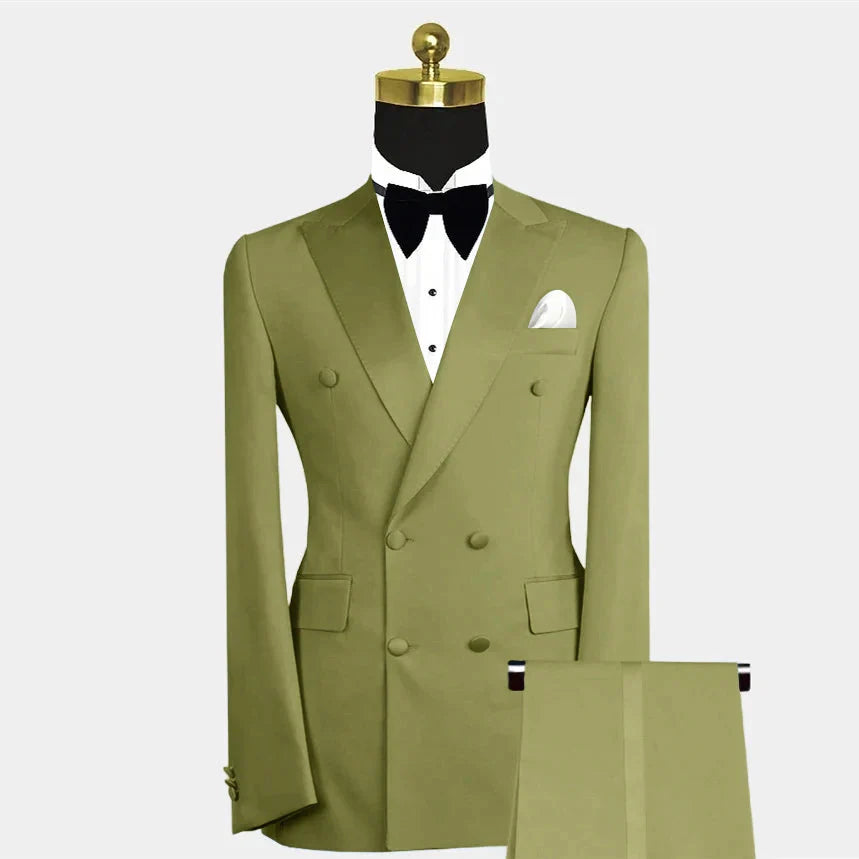 SHOWLU Men's blue double-breasted slim fit 2-piece suit for wedding and prom, displayed on a model with matching trousers