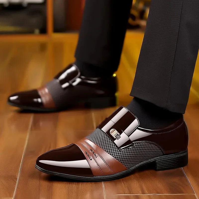 Red men's Oxford loafers with pointed toe and colorblock design from SHOWLU FASHION STORE, stylish dress shoes for men.