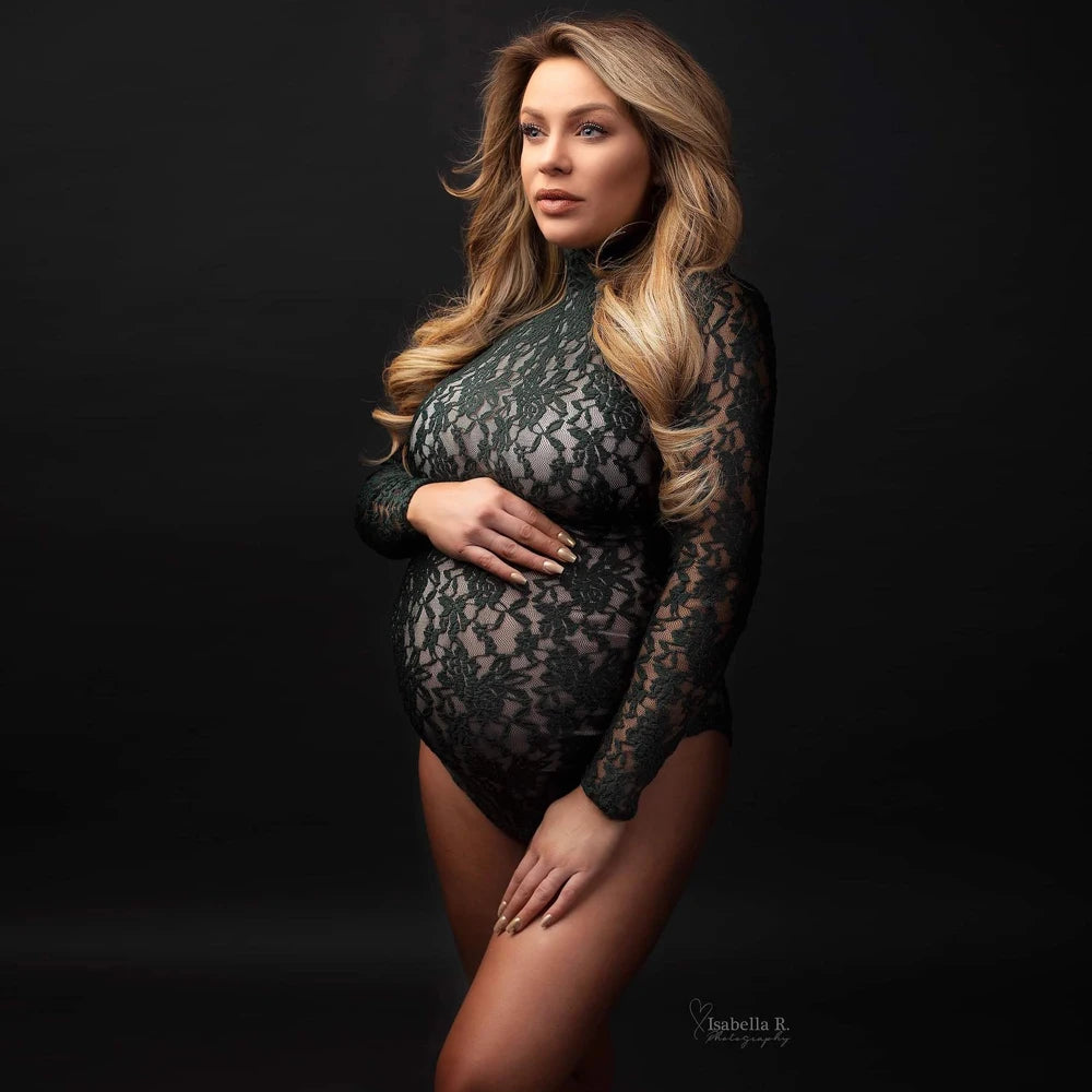 Stretchy lace maternity bodysuit with chiffon sides and slit skirt, perfect for pregnancy photo shoots and maternity photography.