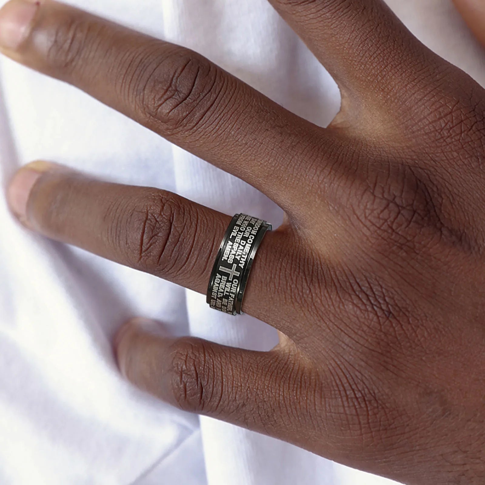 Stainless steel Vnox 8mm spinner cross ring for men with prayer band design, featuring a detailed Christian cross symbol.