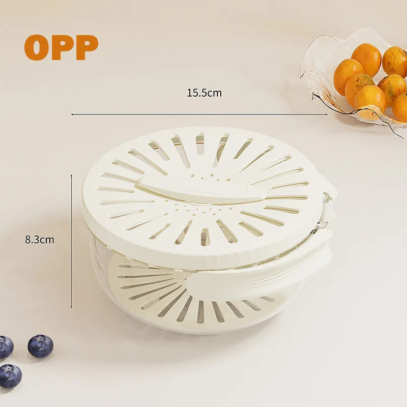 Showlu 2-in-1 fruit and vegetable washing basket with lid drainer, stainless steel, compact design, ideal for cleaning produce.