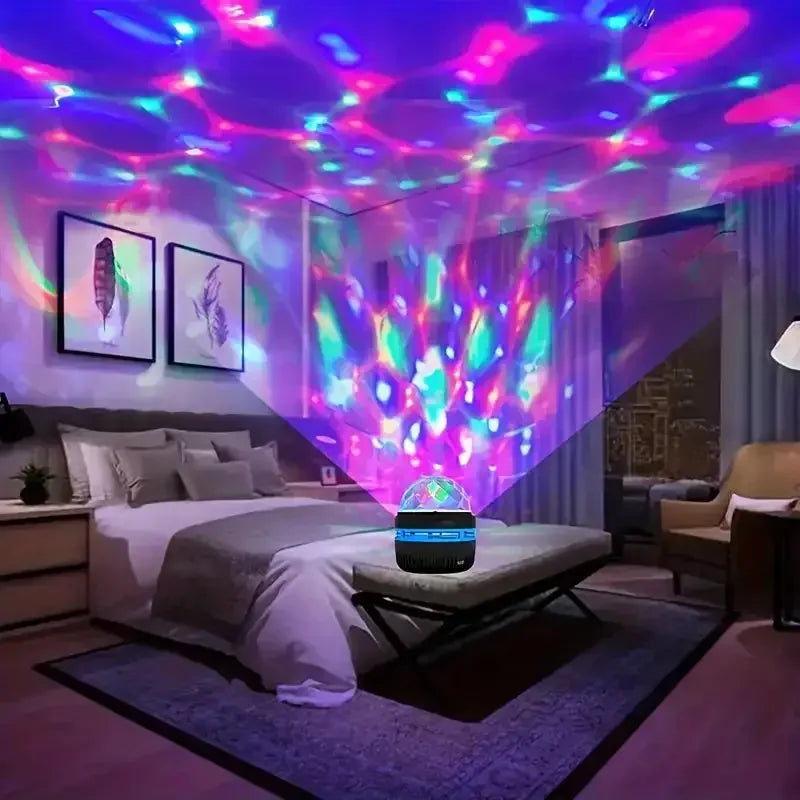 Showlu Smart Crystal Magic Ball LED night light glowing with colorful lights, creating a magical ambiance in a dark room.