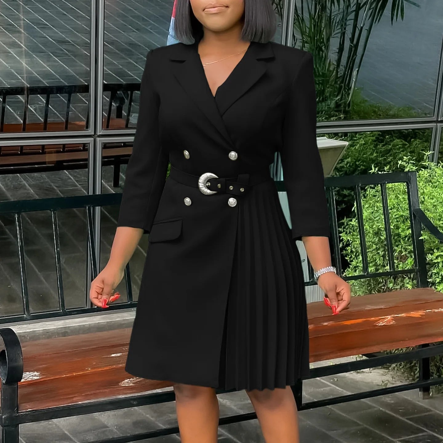 Elegant women's 2024 autumn winter dress with notched collar, full sleeves, sashes, pleated mid-calf style by Showlu Fashion.