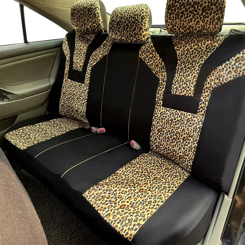 Leopard print plush car seat covers by AUTO PLUS, winter interior set, showing cozy, stylish seat covers inside a vehicle.