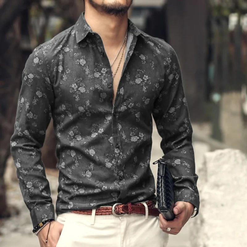 3D printed men's long sleeve Hawaiian shirt with floral design, showing the comfortable flap top style and vibrant 3D flower print.