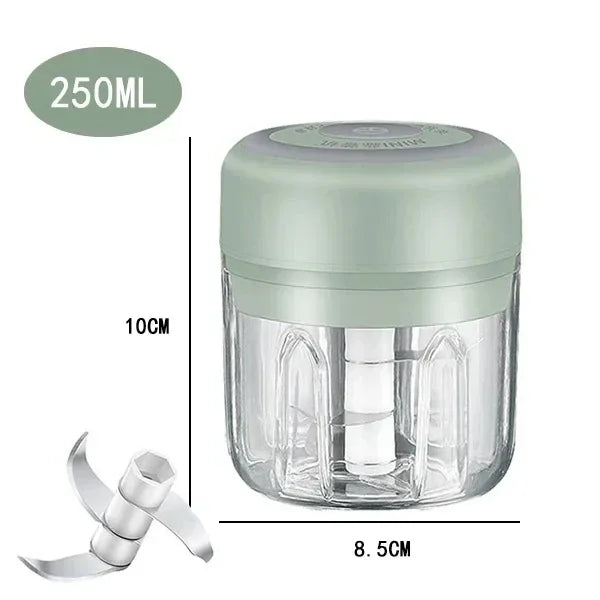 Showlu Smart General mini electric garlic grinder with stainless steel body, compact design, and clear grinding chamber.