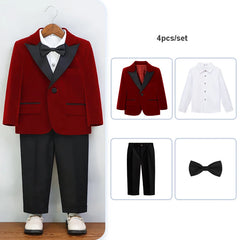 Autumn Boys Red Velvet Suit Set Children Birthday Party Wedding Host Piano Performance Costume Kids Blazer Pants Bowtie Outfit