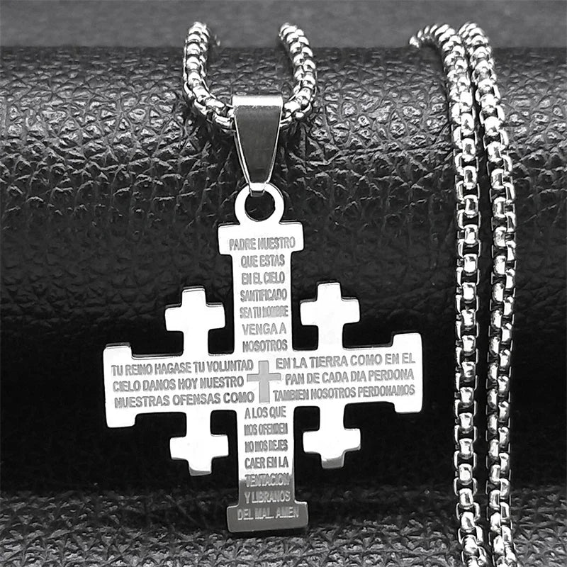 Stainless steel AFAWA Jerusalem Cross Necklace with Bible verse pendant, featuring detailed religious cross design.