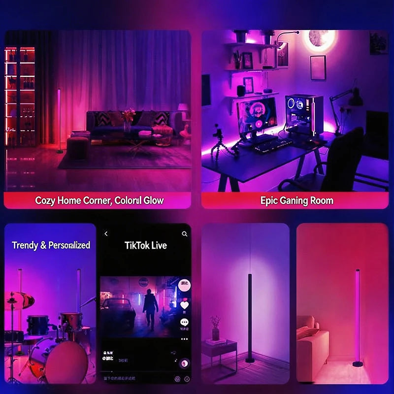 Showlu Smart General NOVEYEE LED dimmable floor lamp with remote control, modern design, and adjustable lighting in a home setting.