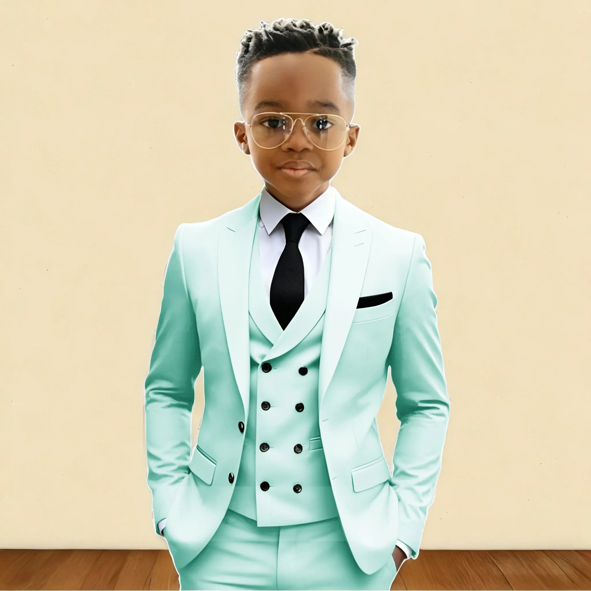 Mint Green 3 Pieces Flower Boy's Slim Fit Formal Suit Set for Wedding Prom Dinner Party Kids Uniform Tuxedos Blazer Vest Pants