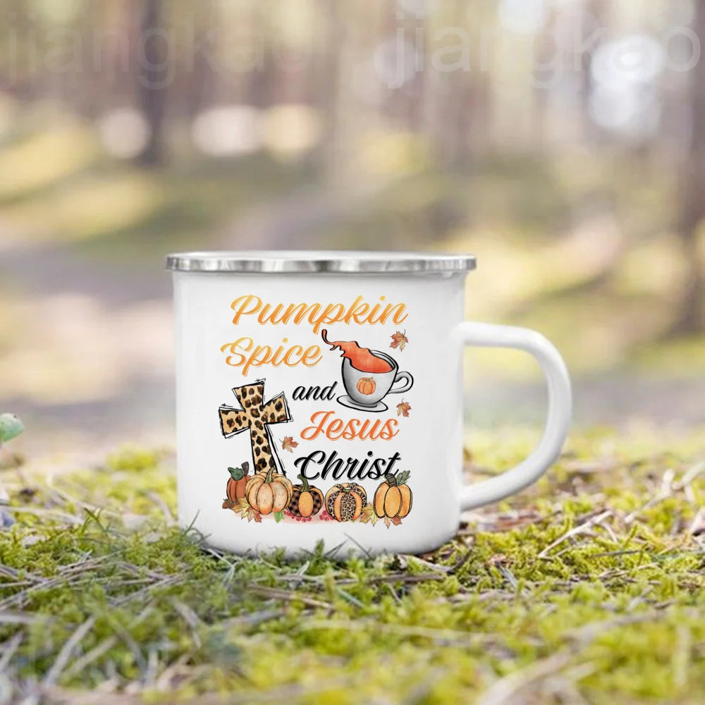 Showlu Pumpkin Spice Jesus Christ enamel mug with fall-themed design, ideal for camping coffee and autumn gatherings.