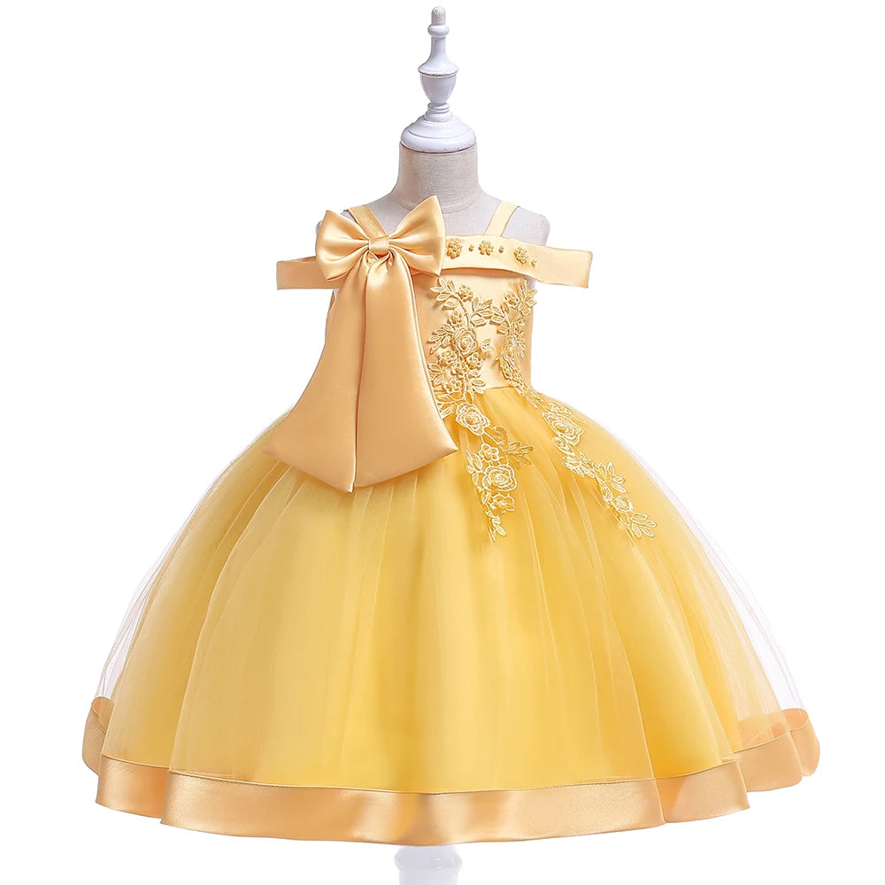 Showlu Fashion Store girls' elegant bow flower party dress with tulle skirt, suitable for wedding, prom, or birthday occasions.