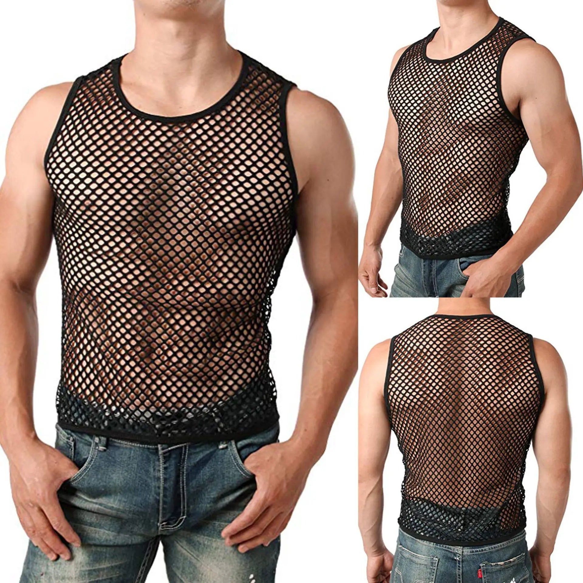 Men's mesh tank top from Showlu Fashion Store, transparent summer sleep vest undershirt with breathable fabric and sleeveless design.