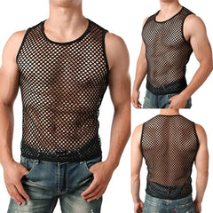 A man wears a black sleeveless mesh tank top with a round neckline.