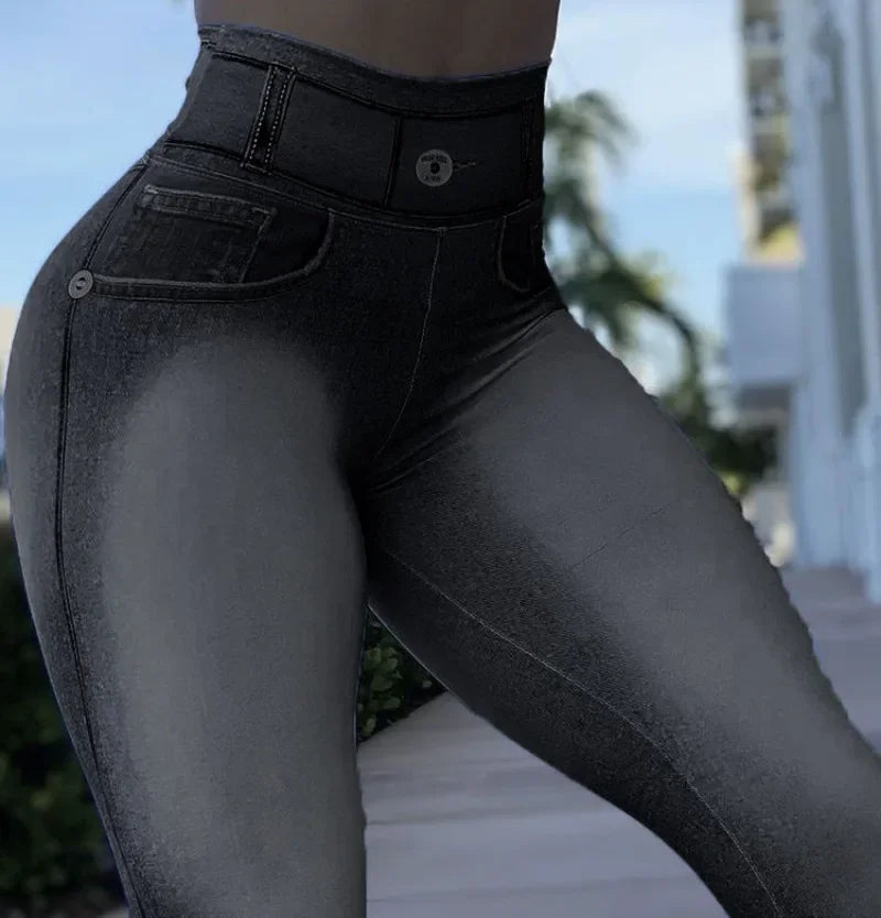 High-waist denim look print leggings for women with tummy control and butt lift, slim fit spring summer fashion pants.