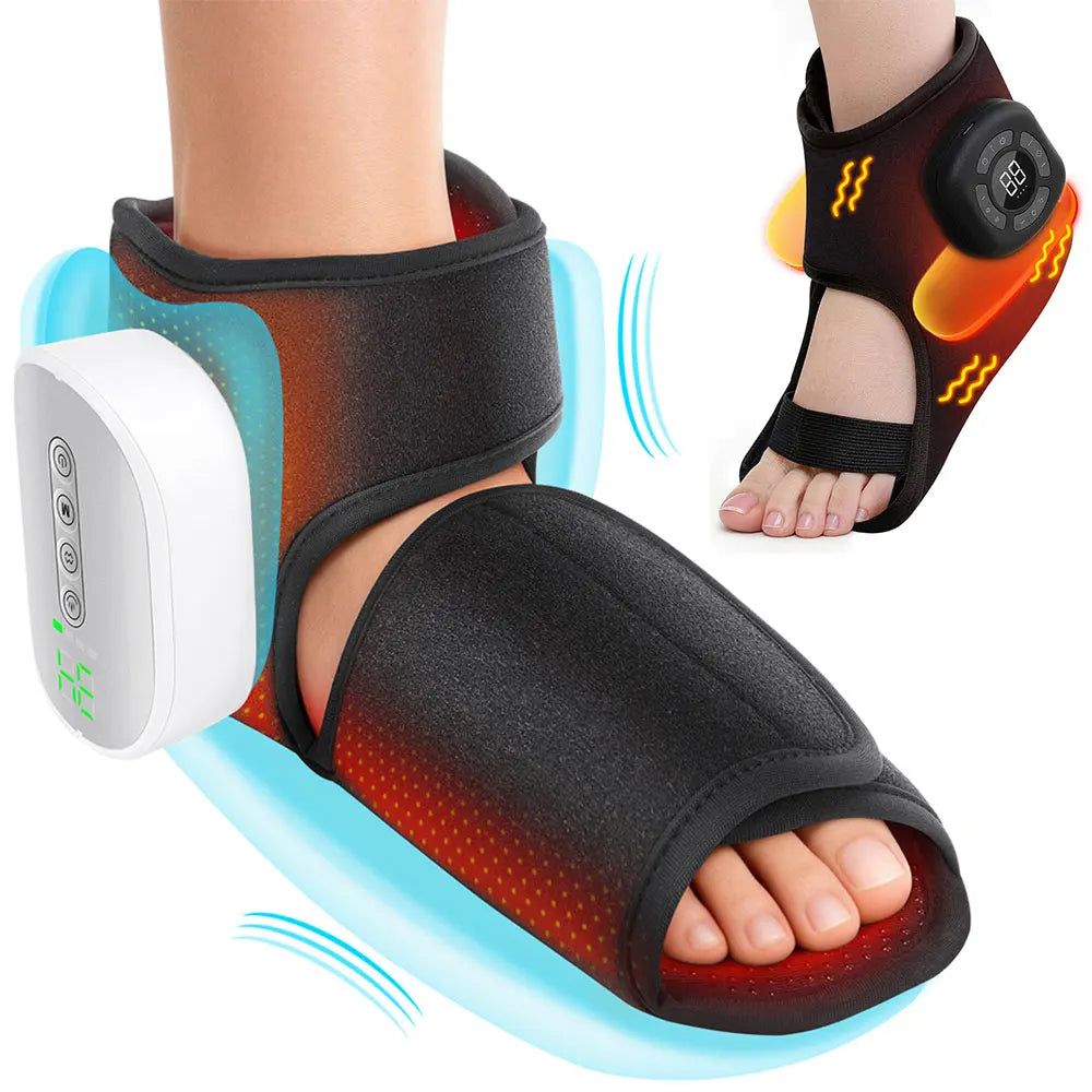 Electric foot and ankle massager with heating, compression, and vibration therapy, supporting and protecting the foot and ankle.