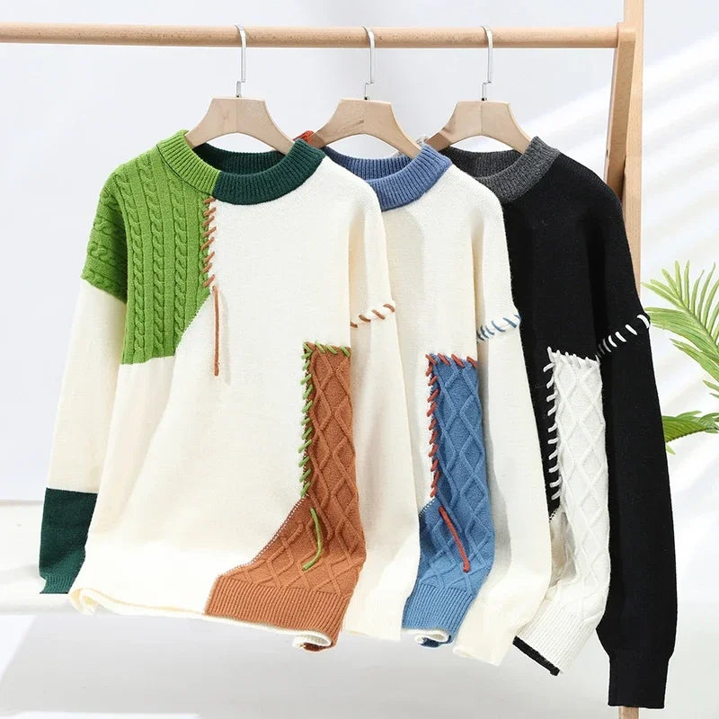 Male patchwork sweater by Showlu Fashion, stylish high street pullover with warm, trendy design for autumn and winter wear.