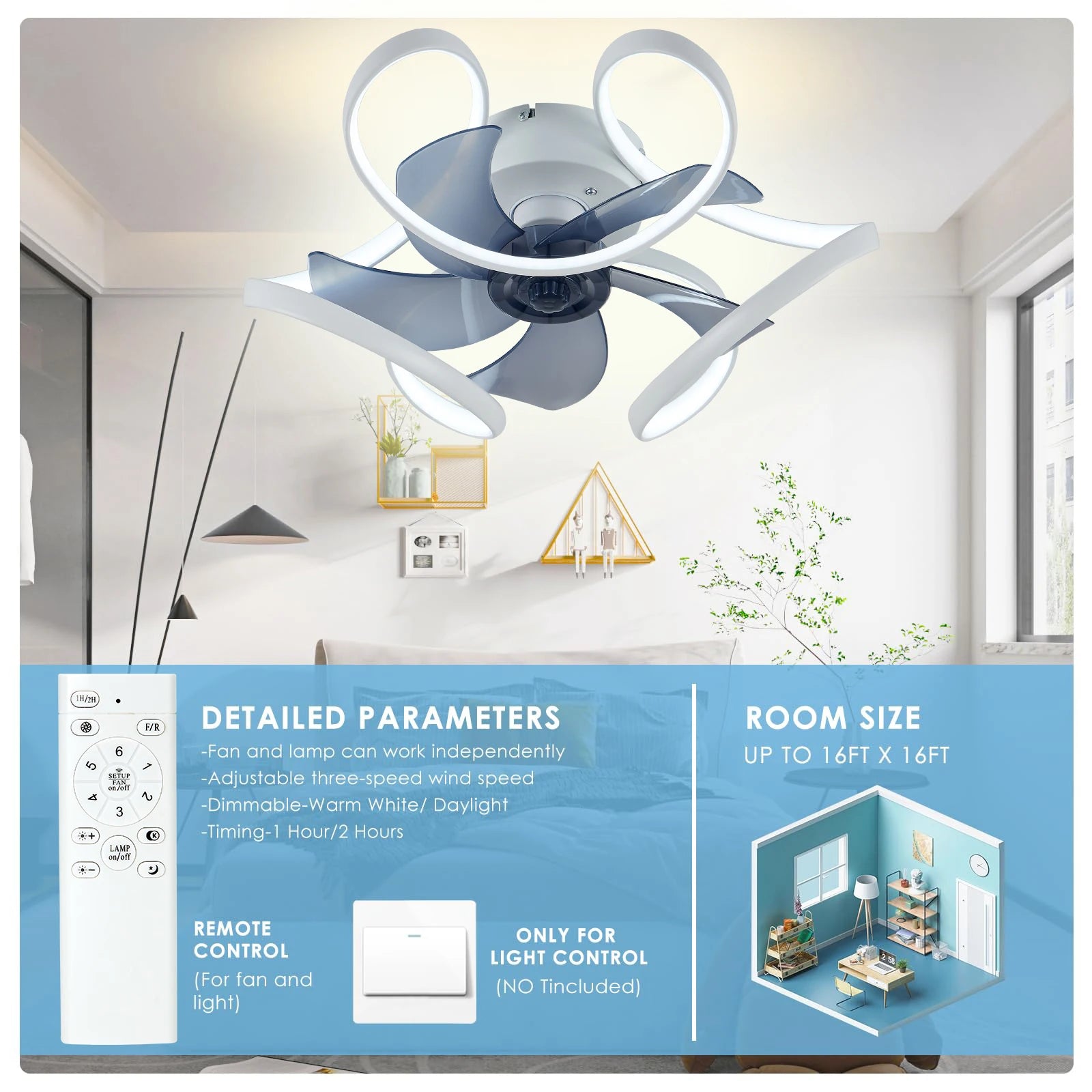 IRALAN Modern ceiling fan with light colorful style, silent ceiling led light fan fans with remote control for room living room