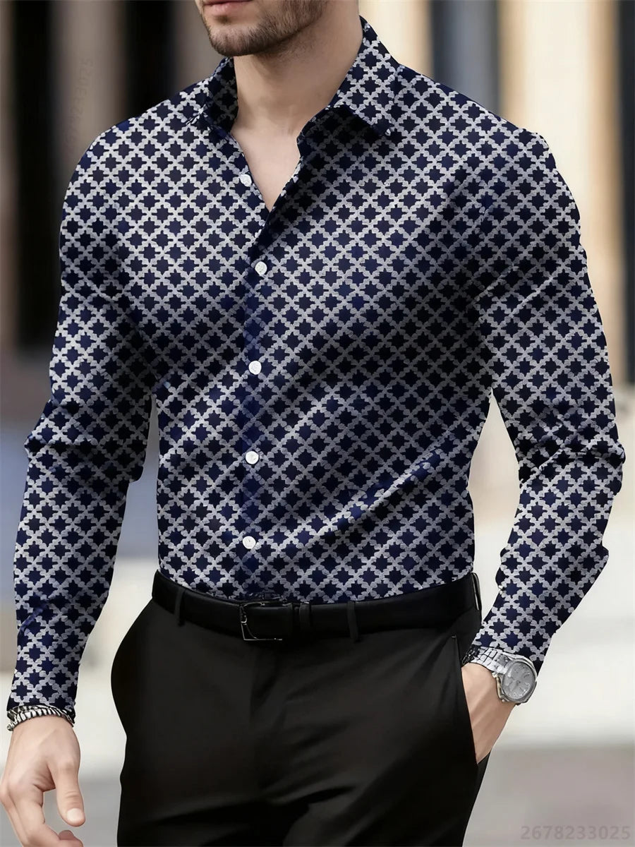 Men's long sleeve geometric plaid shirt in 14 colors, breathable casual top with lapel for business or party wear by Showlu Fashion